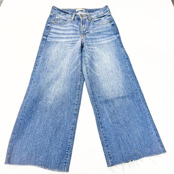 OAT NY Med-Dark Wash Wide Leg Cropped Denim Jeans Raw Hem Size 4/27 1041-CAMX - Picture 2 of 8